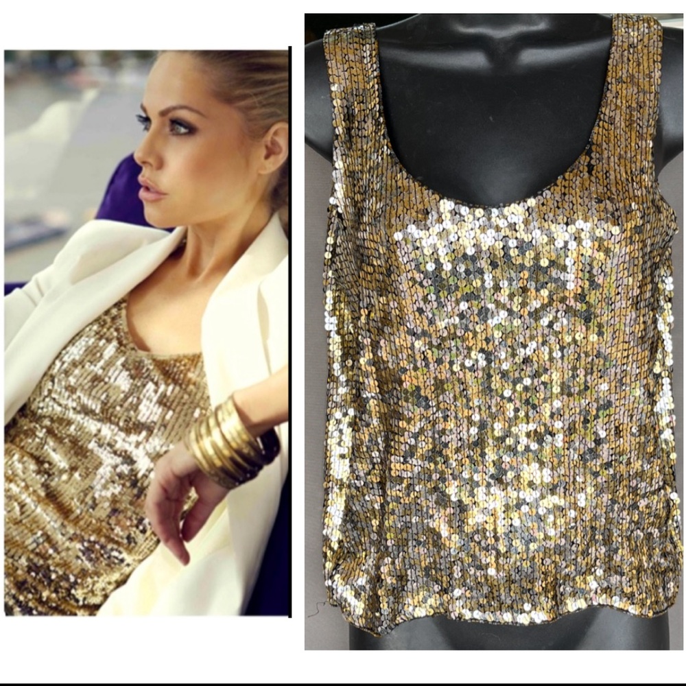Vintage Glam 100% Silk Gold & Silver Sequin Cami Sleeveless Blouse